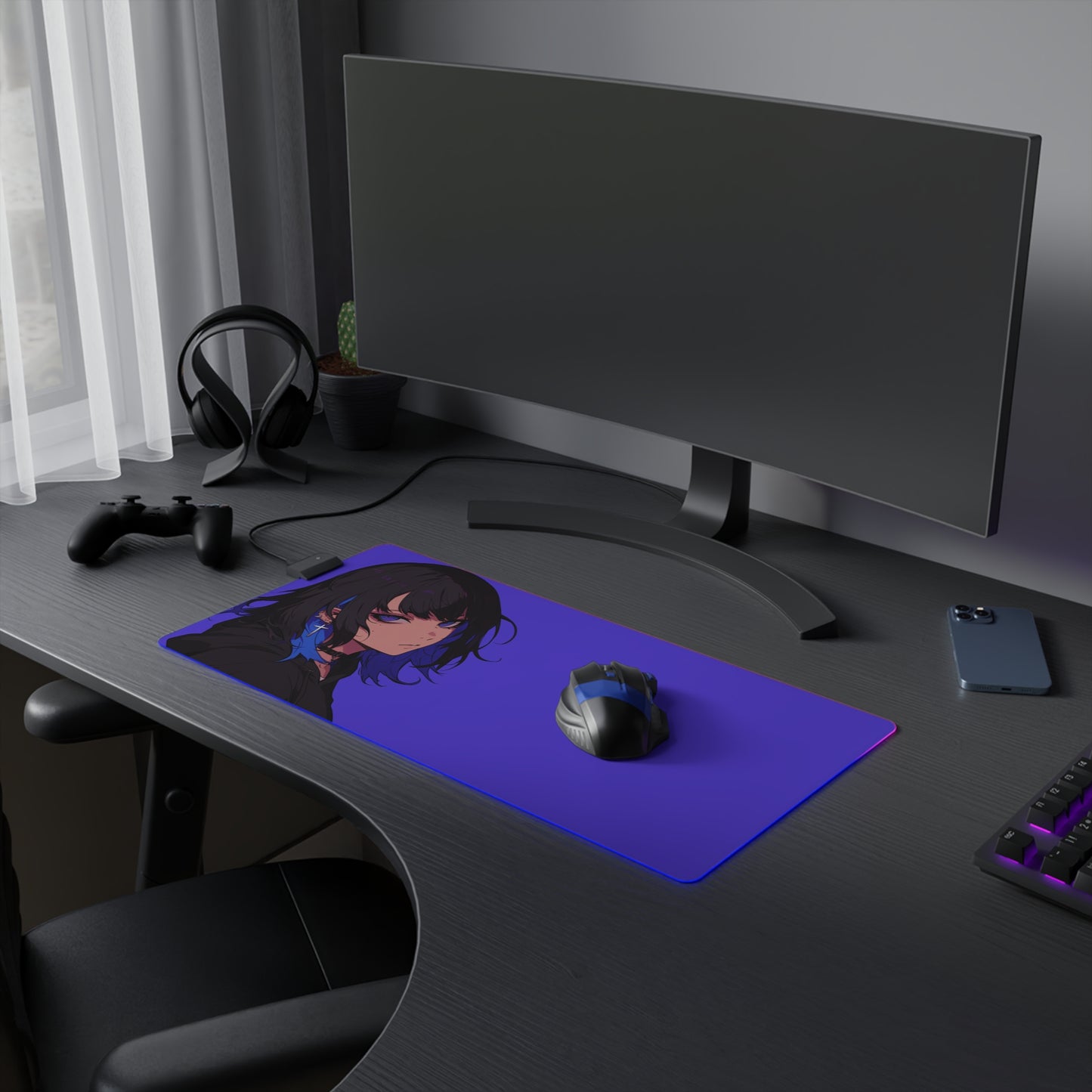 Blue Hair Goth Girl LED Gaming Mouse Pad